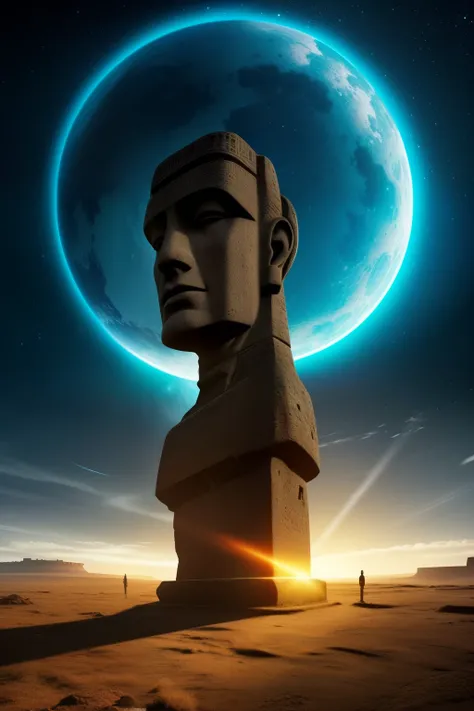 Moai statues, an enigmatic legacy from an alien civilization, ethereally standing in a desolate yet captivating landscape, intricately carved with mysterious features and expressive faces, glowing with an otherworldly aura, (masterpiece: 1.8, best quality)...