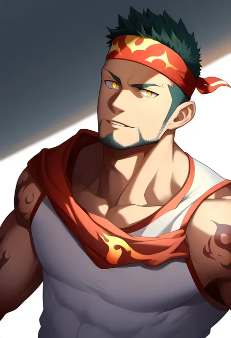 anime characters：Guy, Priapus, 1 muscular man god, Flame tattoo, Sport red headband, Cream spandex tight tank top, muscular male, muscular, only, Upper body, alone, short black hair, thick eyebrows, stubble, yellow eyes, White background, simple background...