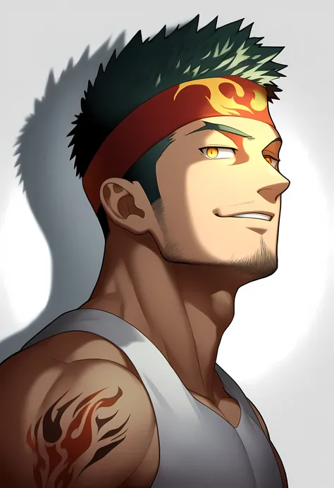 anime characters：Guy, Priapus, 1 muscular man god, Flame tattoo, Sport red headband, Cream spandex tight tank top, muscular male, muscular, only, Upper body, alone, short black hair, thick eyebrows, stubble, yellow eyes, White background, simple background...