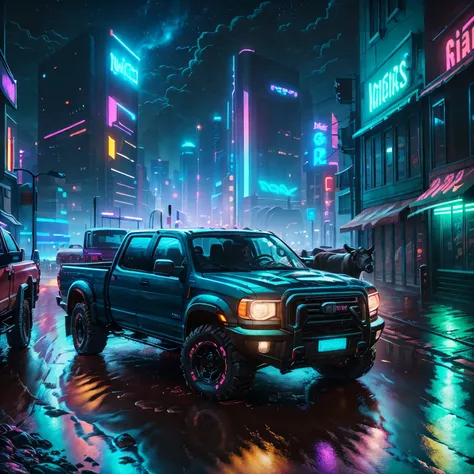 A realistic scene of two cows managing a rugged terrain pickup truck, roaming through a city bathed in vibrant neon lights and shimmering water reflections, mirroring their curious yet determined expressions, hyper-realistic, super detailed, shining neon l...