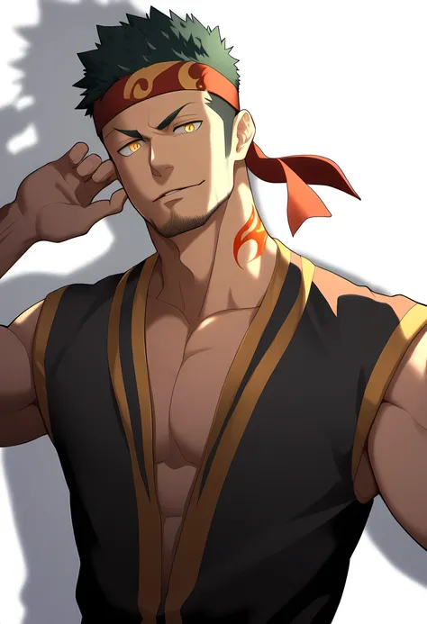 anime characters：Guy, Priapus, 1 muscular man god, Flame tattoo, Sport red headband, Priest&#39;dress, muscular male, muscular, only, Upper body, alone, short black hair, thick eyebrows, stubble, yellow eyes, White background, simple background, amazing qu...