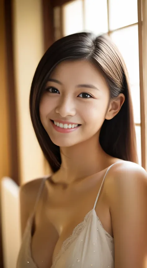 masterpiece,best quality,(Japanese ),((Beautiful girl)),cleavage,indoor,(perfect body beauty:1.2),(shy smile),beautiful teeth,