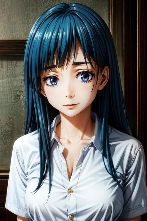 girl, alone, blue hair, long hair, looking at the viewer, , blue eyes, Upper body, bangs, D cup breasts,jirai kei fashion