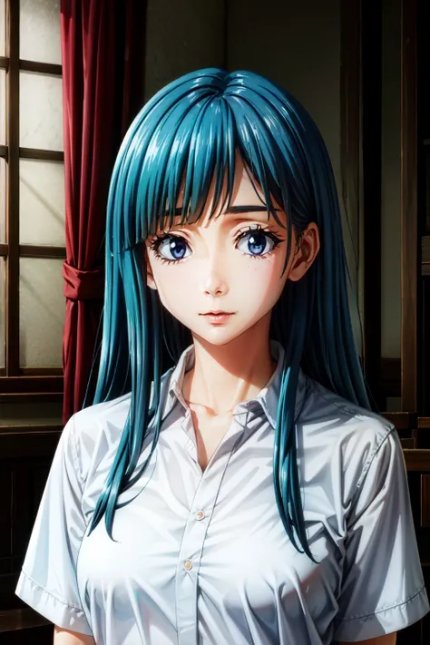 girl, alone, blue hair, long hair, looking at the viewer, , blue eyes, Upper body, bangs, D cup breasts,jirai kei fashion