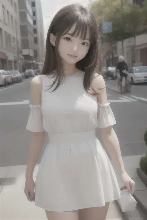 masterpiece, highest quality, shape, Super detailed, finely, High resolution, 8k wallpaper, 完璧なダイナミックな構shape, finelyて美しい目, dress,medium hair,  natural color lip, random sexy pose,smile,Aoyama Street Walk,28 year old girl