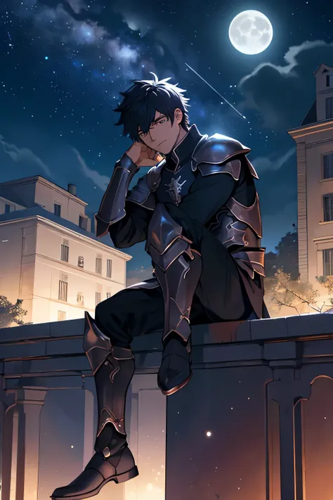 Desenhe um jovem estudante, sitting on top of a building. He is studying with a notebook, surrounded by several stars shining with fiery auras. Dramatic star lighting and the moon illuminates the scene, casting deep shadows on the black costume and armor. ...