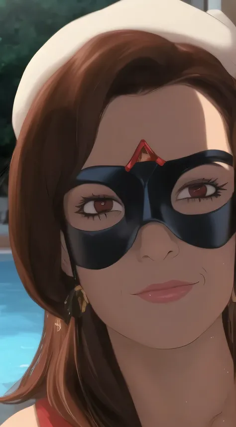 ((close-up, eye mask)), a 35yo woman (shoulder-lenght hair, smile), (wearing black bikini), ((Red Eye Mask)), in a pool, (masterpiece, best quality:1.2), photorealistic, HDR, 4K, 8K, 16K