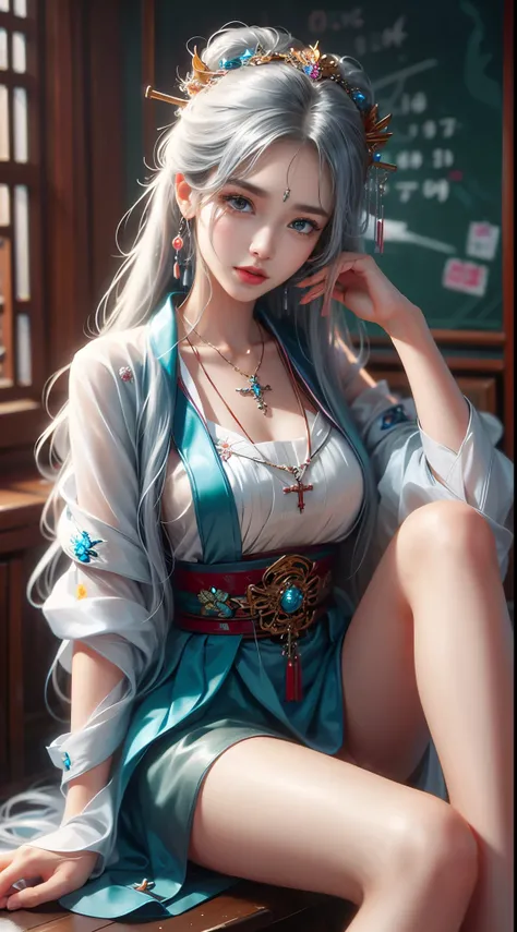 ((knee shot)), close up, in the classroom, sit on the table, ((Cross your legs)), beautiful girl college student, masterpiece, Light makeup, red lips, silver hair, messy long hair, beautiful, elegant. Ultra-fine details, masterpiece, real texture, Realisti...