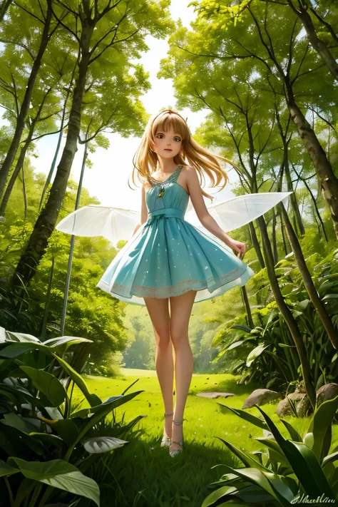 ((Mejor calidad)), ((Obra maestra)), (detallado), cara perfecta
En el centro de un exuberante bosque, with tall and leafy trees, there is a blonde fairy about five years old. It has small translucent wings that shine with flashes of sunlight filtered throu...