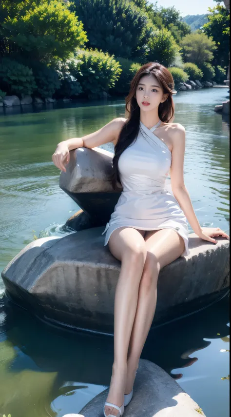 (masterpiece, best quality:1.2), 1girl, solo, ((bare shoulders)), night，Moonlight，((full body)), ((from below)), ((Play in the river，sitting position, sit on rock)), shiny, sweet girl, figure of heroine，Slender sexy legs，very beautiful legs，Leaking sexy le...