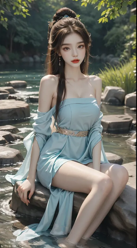 gufeng,bare shoulderasterpiece, best quality:1.2), 1girl, solo, ((bare shoulders)), night,Moonlight,((full body)), ((from below)), ((Play in the river,sitting position, sit on rock)), shiny, sweet girl, figure of heroine,Slender sexy legs,very beautiful le...