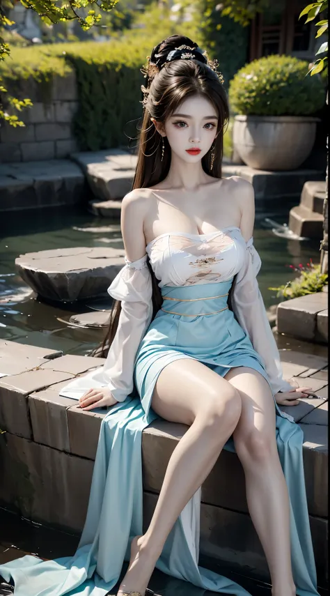 gufeng,bare shoulderasterpiece, best quality:1.2), 1girl, solo, ((bare shoulders)), night，Moonlight，((full body)), ((from below)), ((Play in the river，sitting position, sit on rock)), shiny, sweet girl, figure of heroine，Slender sexy legs，very beautiful le...