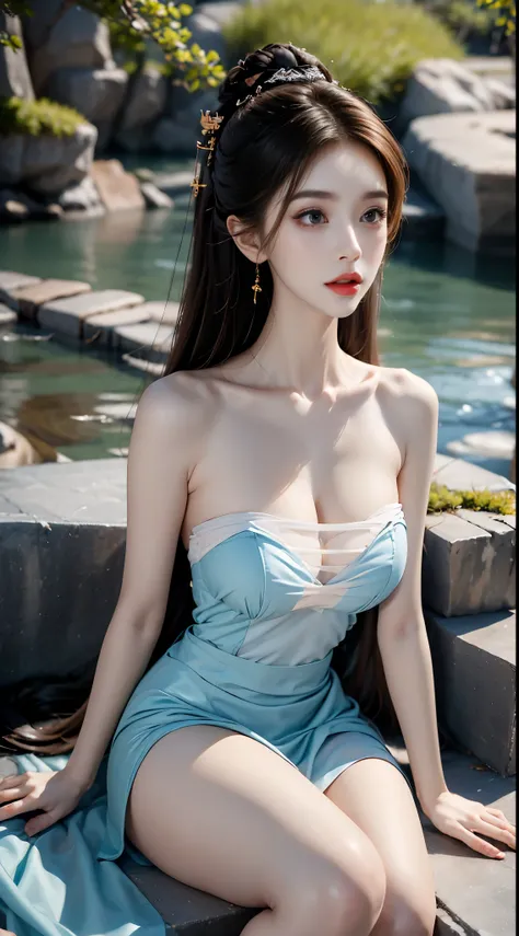 gufeng,bare shoulderasterpiece, best quality:1.2), 1girl, solo, ((bare shoulders)), night，Moonlight，((full body)), ((from below)), ((Play in the river，sitting position, sit on rock)), shiny, sweet girl, figure of heroine，Slender sexy legs，very beautiful le...