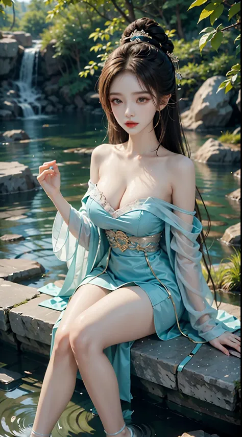 gufeng,bare shoulderasterpiece, best quality:1.2), 1girl, solo, ((bare shoulders)), night，Moonlight，((full body)), ((from below)), ((Play in the river，sitting position, sit on rock)), shiny, sweet girl, figure of heroine，Slender sexy legs，very beautiful le...