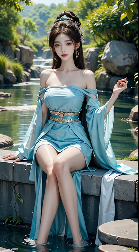 gufeng,bare shoulderasterpiece, best quality:1.2), 1girl, solo, ((bare shoulders)), night，Moonlight，((full body)), ((from below)), ((Play in the river，sitting position, sit on rock)), shiny, sweet girl, figure of heroine，Slender sexy legs，very beautiful le...