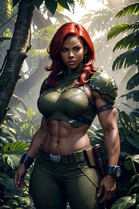 (a strong, fierce, powerful, and confident) afro-american woman, (with) red haira and blue eyes, big muscle , (wearing a) muscular frame, (dressed in) a warhammer 40k-inspired armor, (standing) in the midst of a dense jungle. (best quality, highres, ultra-...