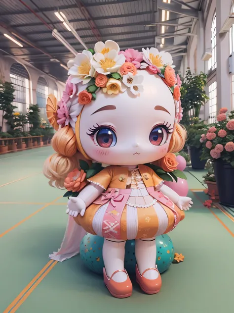 3.5m fiberglass sculpture，rendering,cartoon doll image，full field of view，Inflatable flower decoration，There is a romantic atmosphere，Suitable for commercial exhibition display