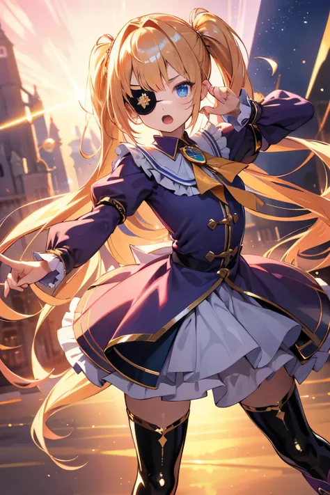 (In 8K, Best Quality, Master Piece: 1.2), Ultra High Resolution, official art,16 years old famous actress,holding a magic wand,detailed hand fingers,ultra-detailed face, detailed eyes, blue eyes,(eyepatch),surprised,blush,long twintail hair, ((gold hair)),...