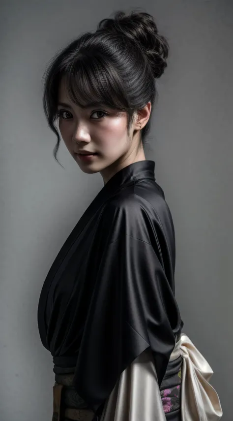 (best quality,realistic:1.37), HDR, ultra-detailed, (portrait,photography), a young woman, photo from side, black kimono, full color, detailed eyes, delicate facial features, flowing black hair, serene expression, gentle lighting