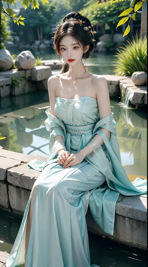 hanfu-song, hanfu, song theme, bandeau, tube top, 1girl, solo, ((bare shoulders)), night,Moonlight,((full body)), ((from below)), ((Play in the river,sitting position, sit on rock)), shiny, sweet girl, figure of heroine,Slender sexy legs,very beautiful leg...