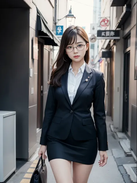 alone、solo、OL in her 20s in office uniform posing for a photo、victory、Tsundere、Single knot、OL、suit、blue mini skirt、anger、small、Glasses、slim girl model photo、physical:the smallest middle-aged man in history、female model、Japanese female fashion model、(8k、RAW...