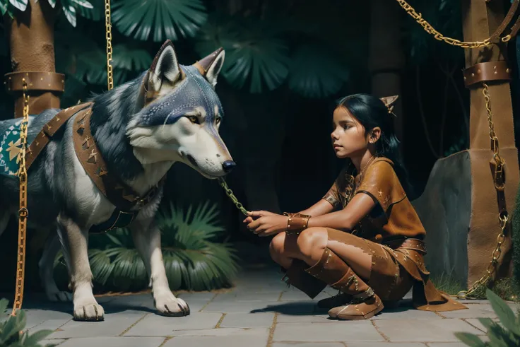 Fairytale Kingdom of Fantasia. ((((10-year-old)) Atreyu)), olive green skin, athletic, brave, wise, in a patio, next to a ((chained wolf)). ((((suede and leather indigenous clothings)))), ((blueish-black hairstyle)).