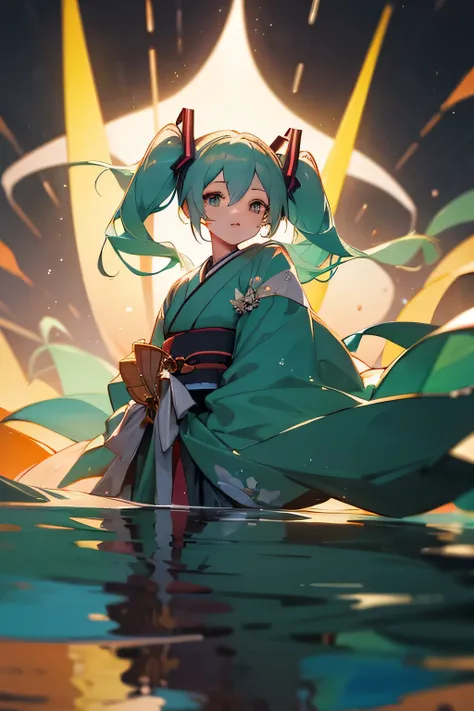 Hatsune Miku participates in the festival of lights wearing her kimono