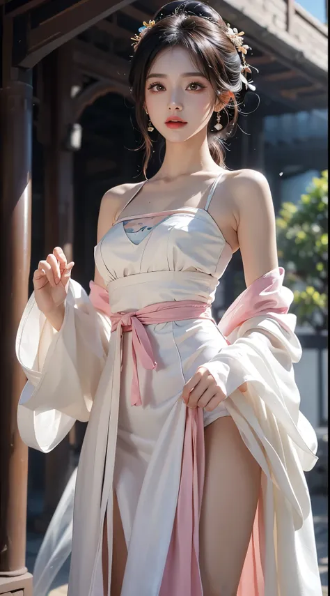 hanfu-song, hanfu, song theme, bandeau, tube top, ((cowboy shot)), ((from below)), ((are shoulders)), ((Very short hemline)), ((Leaking sexy legs)), silky straight hair、Big eyes with bangs and eyeliner、Get wet all over your body、Nordic youth、perfect body f...