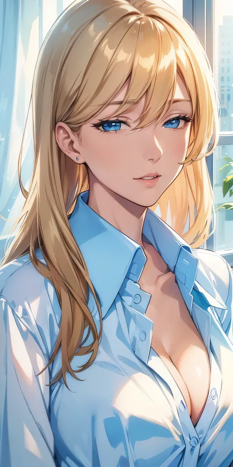 Best quality, 4k resolution, portrait, elegant boss lady, long straight hair, swept-side bang, [[brown hair]], blonde hair, light blue eyes, office shirt, cleavage, office window, soft light