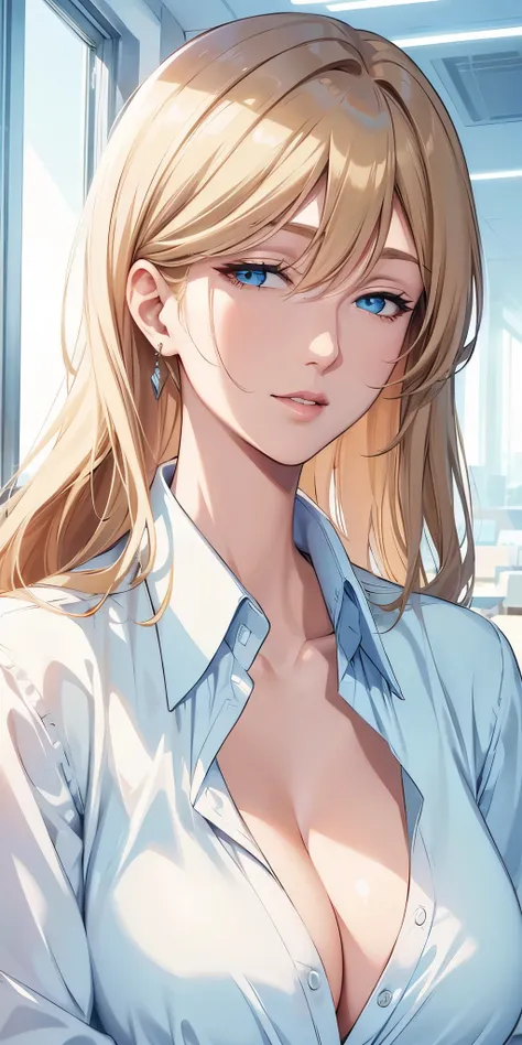 Best quality, 4k resolution, portrait, elegant boss lady, long straight hair, swept-side bang, [[brown hair]], blonde hair, light blue eyes, office shirt, cleavage, office window, soft light