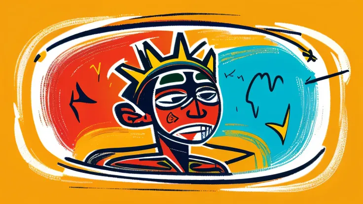 A vibrant, energetic composition filled with bold brushstrokes , scribbled lines , and pastel colors characteristic of Basquiat s neo-expressionist style. The background figure is an abstract human form, with muscular limbs and a simplified facial expressi...