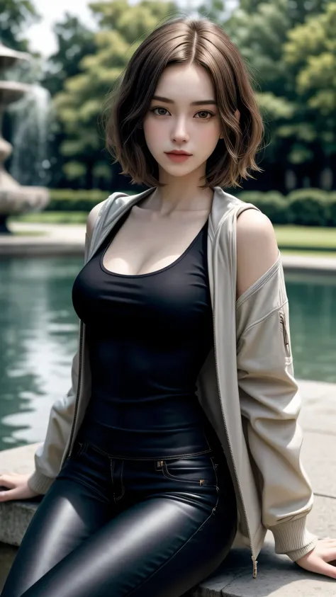 (Photorealistic, realism, realistic detail :1.3), A award winning portrait photograph of a cutie, straight bob short hair with dark blonde color, young European girl. The lovely girls charming captivates the viewer with her tall, slim body, slender waist, ...