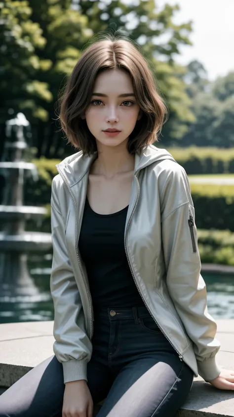 (Photorealistic, realism, realistic detail :1.3), A award winning portrait photograph of a cutie, straight bob short hair with dark blonde color, young European girl. The lovely girls charming captivates the viewer with her tall, slim body, slender waist, ...