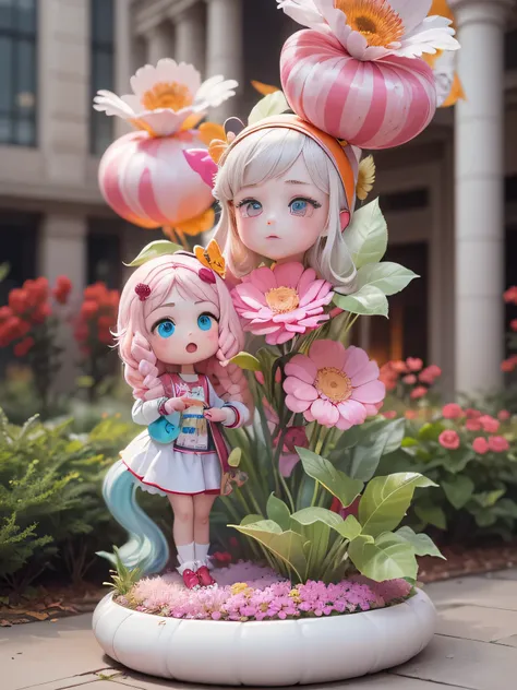 3.5m fiberglass sculpture，rendering,cartoon doll image，Full view，Inflatable flower decoration，There is a romantic atmosphere，Suitable for commercial exhibition display