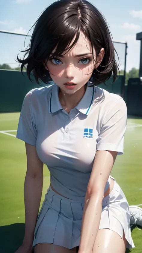 1girl, solo, white polo shirt, white sneakers, tennis wear, white miniskirt, masterpiece, best quality, realistic, hyper-detailed, (shiny skin, sweaty:1.4), absurd, looking at viewer, short black hair, brown eyes, slender, dynamic lighting, high resolution...