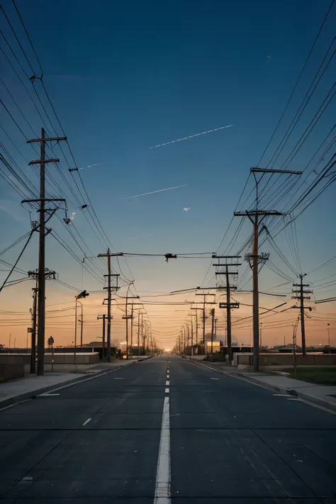 street lights, antennas, electricity towers, and power lines stretched out between city electricity poles, all pushing up into the sky, along a long flat horizon, with a blank background, so use other backgrounds in the picture in another program