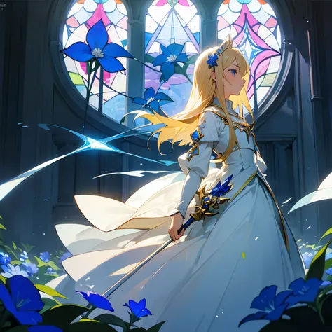 masterpiece,girl,blonde,blue eyes,profile,long hair,rapier,cathedral,white dress,Stained glass,blue flower,