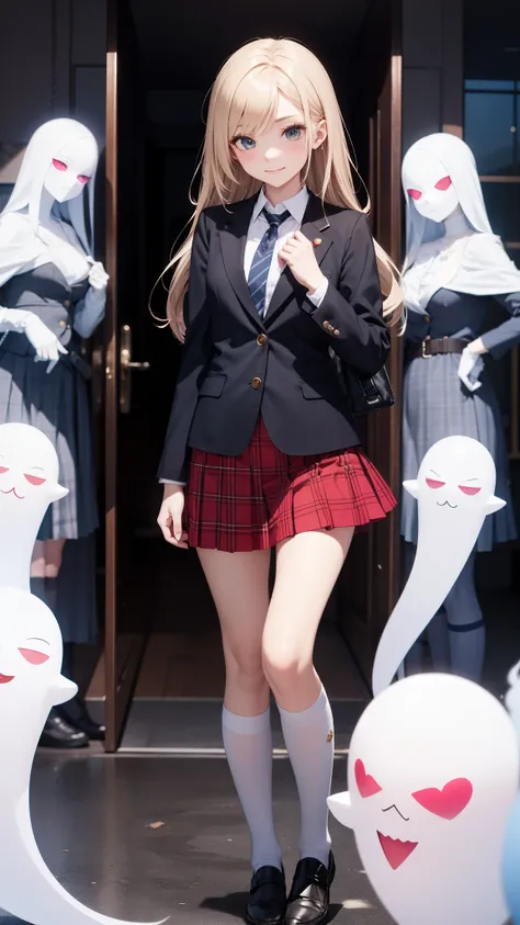 jaket、 Blazer、High School Girl Uniform、Red checked skirt、JK style、to stand、A sexy、Glamour、A slight smil、garterbelts、knee high socks、panthyhose、Beautifying the world、Unhappy、Transcendent beauty、Beautiful shape、wretched、ghosts、wraiths、Evil Spirit、B...