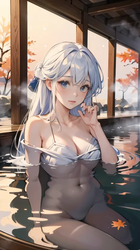 (best quality,4k,8k,highres,masterpiece:1.2),ultra-detailed，bubble hot spring，Japanese style hot spring，Soak in the hot spring，maple leaf，long white hair，a girl，fog，sunset，stone，Hokkaido，Falling snow