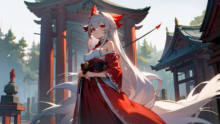 gray hair、Fox、shrine maiden costume、shrine、long hair、red eyes、small breasts、NSFW