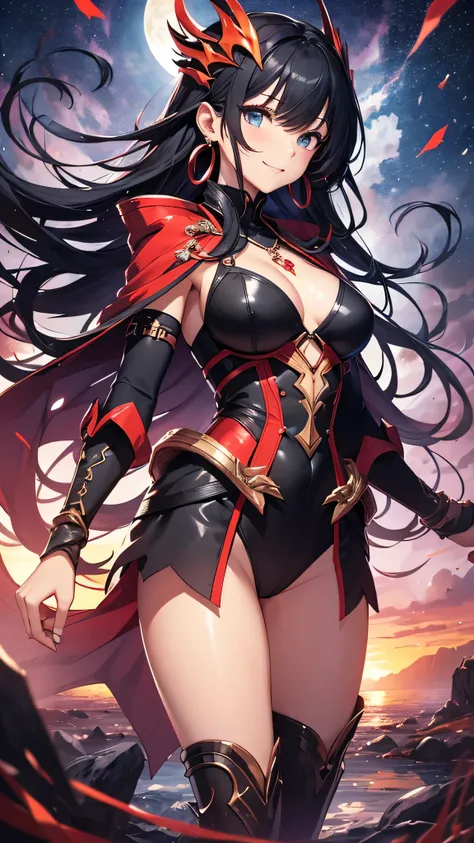 最high quality、best image quality、masterpiece、girl((20-year-old、 By becoming、vest bust、medium bust,wide open breast tea、shining eyes, neon hair、long hair、thin,highest valley、Black Hero Suit、Red Hero Mask、blue cloak、smile、full body tattoo,diamond earrings、Wr...