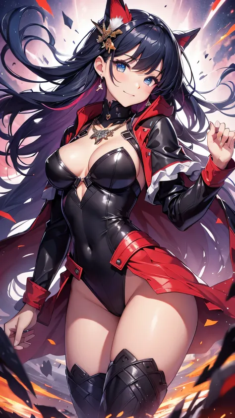 最high quality、best image quality、masterpiece、girl((20-year-old、 By becoming、vest bust、medium bust,wide open breast tea、shining eyes, neon hair、long hair、thin,highest valley、Black Hero Suit、Red Hero Mask、blue cloak、smile、full body tattoo,diamond earrings、Wr...