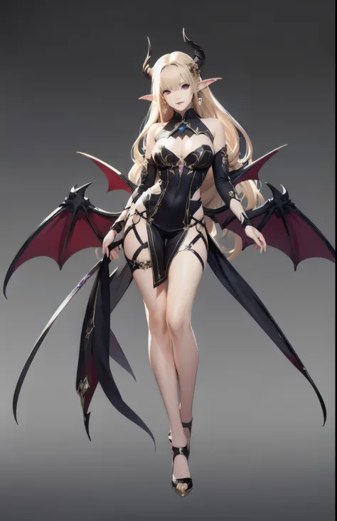 ((masterpiece, best quality)),concept art, Miss,, Detailed face，pointed ears, full body details, full of details, Very detailed, depth, many parts, long golden hair，Succubus。beautiful Miss, muscular body, vampire costume clothes, little devil wings。（blade ...