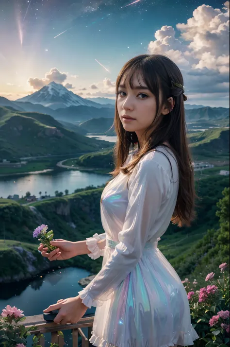 A beautiful woman in a transparent dress watering colorful flowers on a planet. background, mountainous landscape in pastel tones. The lighting is soft and dreamlike, Close up, Beautiful night sky, meteor shower, Beyond the clouds, Surrounded by water, Pon...