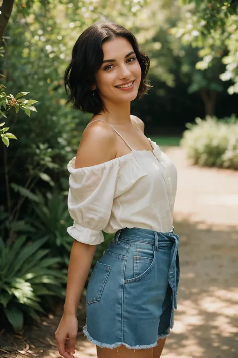 Beautiful girl standing in valley with nature as her breathtaking backdrop, age 25, black short hair cascading down her shoulders, waist shot emphasizing her slender figure, stylist pose exuding confidence and grace, smiling radiantly, dressed in denim out...