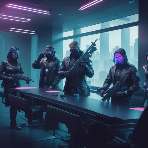 arafed group of people in cyber - themed clothing standing around a table, futuristic cyberpunk scenario, in cyberpunk style, cyberpunk noir, cyberpunk imperial military, cinematic beeple, cyberpunk art style, beeple and tim hildebrandt, hyper-realistic cy...