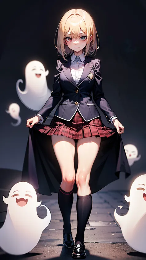 jaket、 Blazer、High School Girl Uniform、Red checked skirt、JK style、to stand、A sexy、Glamour、A slight smil、garterbelts、knee high socks、panthyhose、Beautifying the world、Unhappy、Transcendent beauty、Beautiful shape、wretched、ghosts、wraiths、Evil Spirit、B...