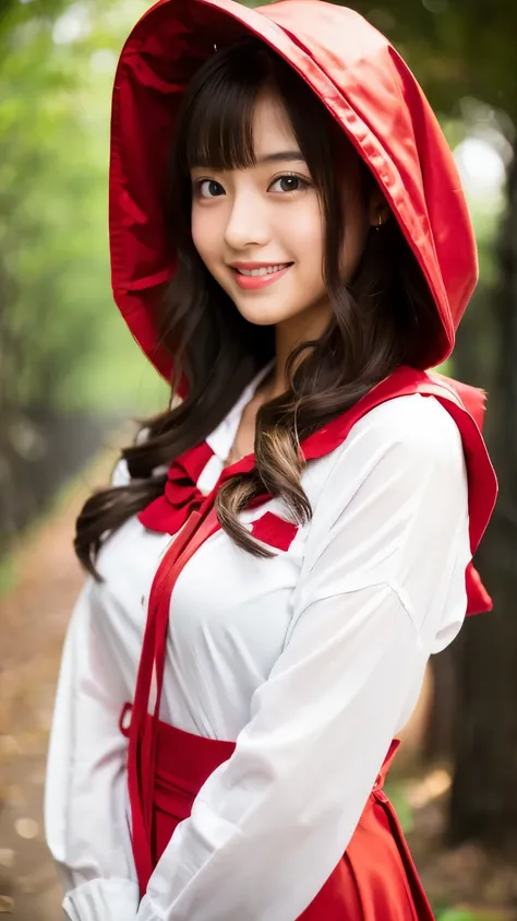 (8k、RAW photo、highest quality、masterpiece:1.5)、(realistic、Photoreal:1.5)、super detailed、超A high resolution、cinematic lighting、(((Beauty in red)))、(((16 year old Japanese girl)))、(((Wearing clothes with a Little Red Riding Hood motif)))、、cute smile、Fun and ...