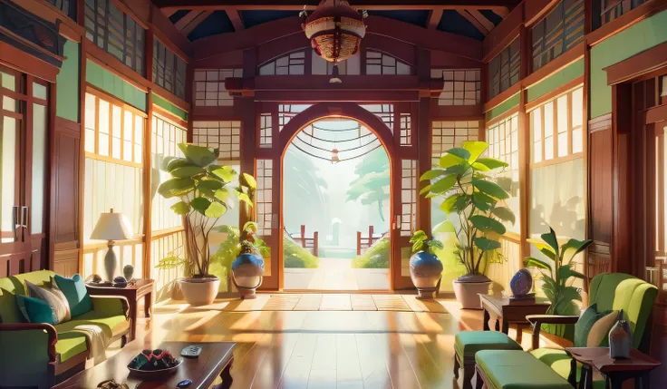 Chinese fairy tale scene，Chinese ancient building lobby，There is a long corridor，have many windows，There is a statue in the middle, There is a meditation statue in the center of the lobby，《The Legend of Korra》setting, anime scenery concept art, library of ...