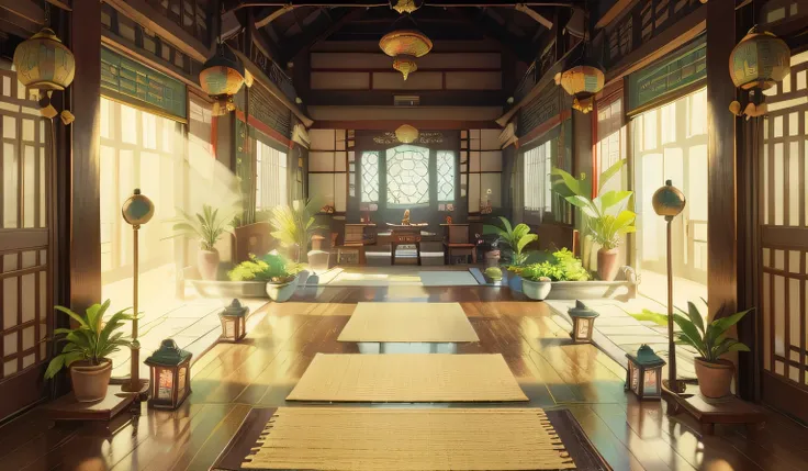 Chinese fairy tale scene，Chinese ancient building lobby，There is a long corridor，have many windows，There is a statue in the middle, 《The Legend of Korra》setting, anime scenery concept art, library of ruina concept art, traditional japanese concept art, ani...